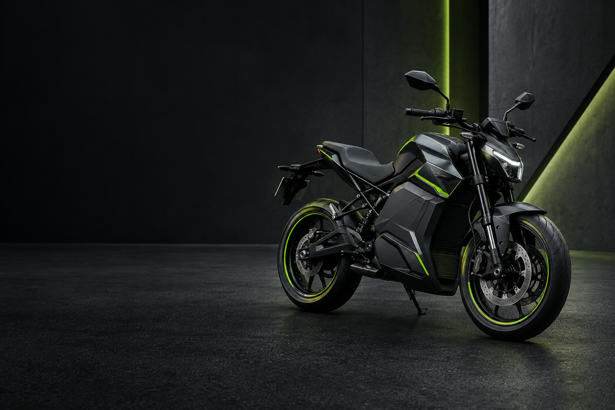 Bannière YM MOTO avec une moto électrique sur fond sombre